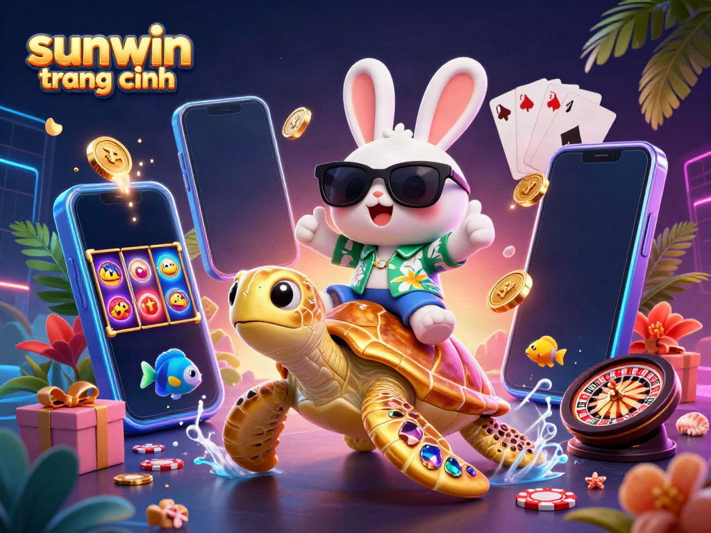 Experience the fun at sunwin trang chính with a lucky rabbit and golden turtle in a vibrant casino scene.