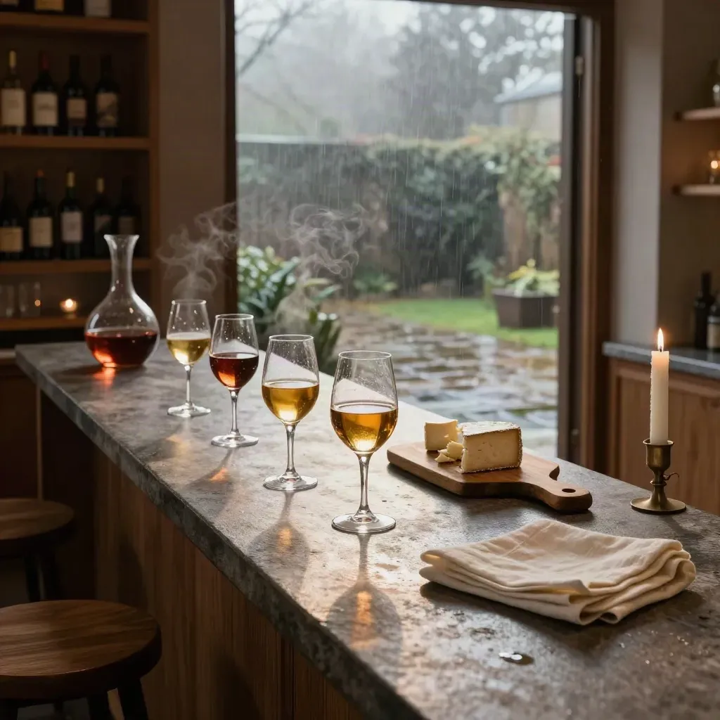 Donkere tasting lounge met wijn, bier en kaas op stenen toog bij natte avondschemering.