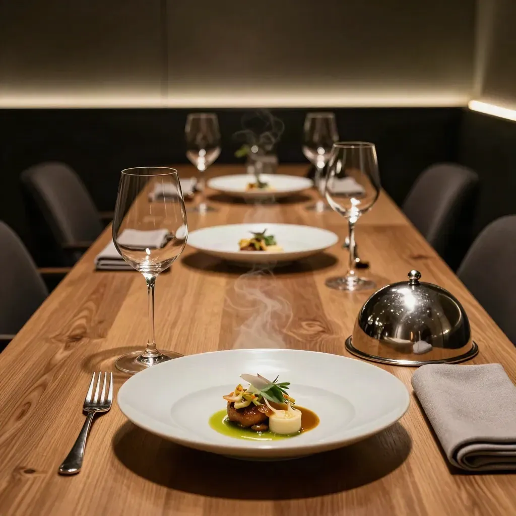 Een sfeervolle tastingmenu-tafel met drie gangen, wijn en een warme dinerzaal.