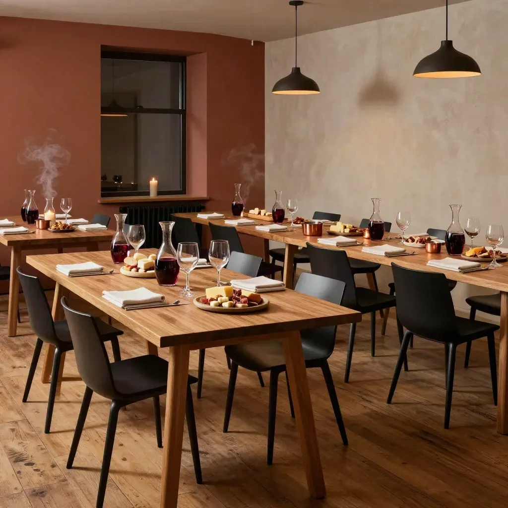 Warme tastingruimte met hoge tafels, karafjes, borrelplanken en stoelen rond een proeftafel.
