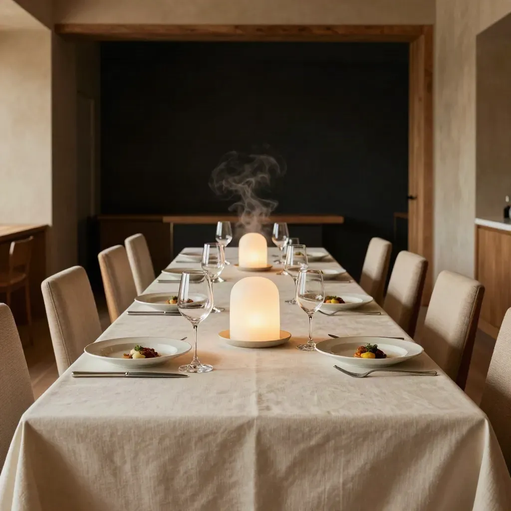 Luxe dinerzaal met driegangentafels, wijnglazen en een gloeiende cloche in warm, sfeervol licht.