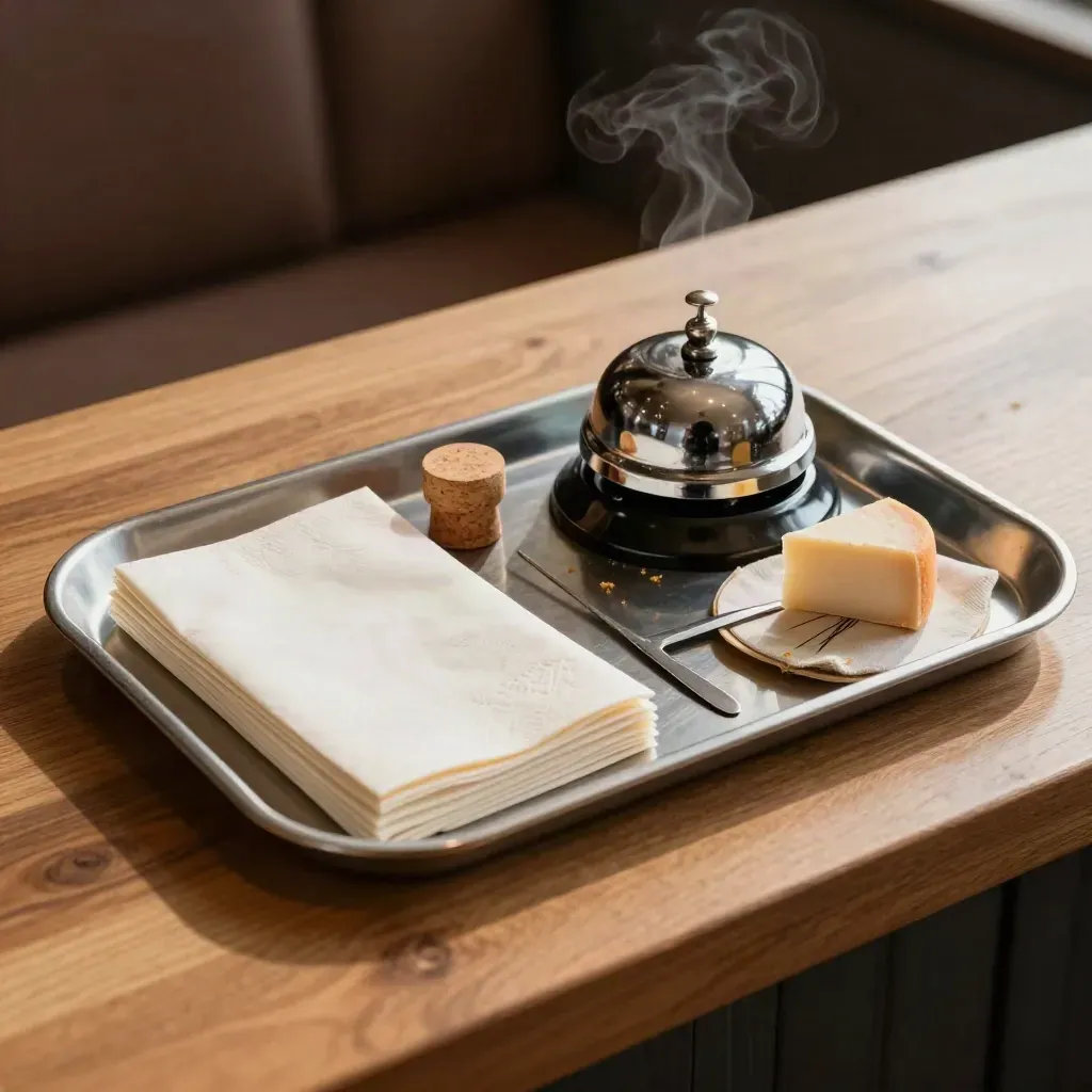 Hosttray met bel, servetten, kurk en kaaspicks in warm houten licht.