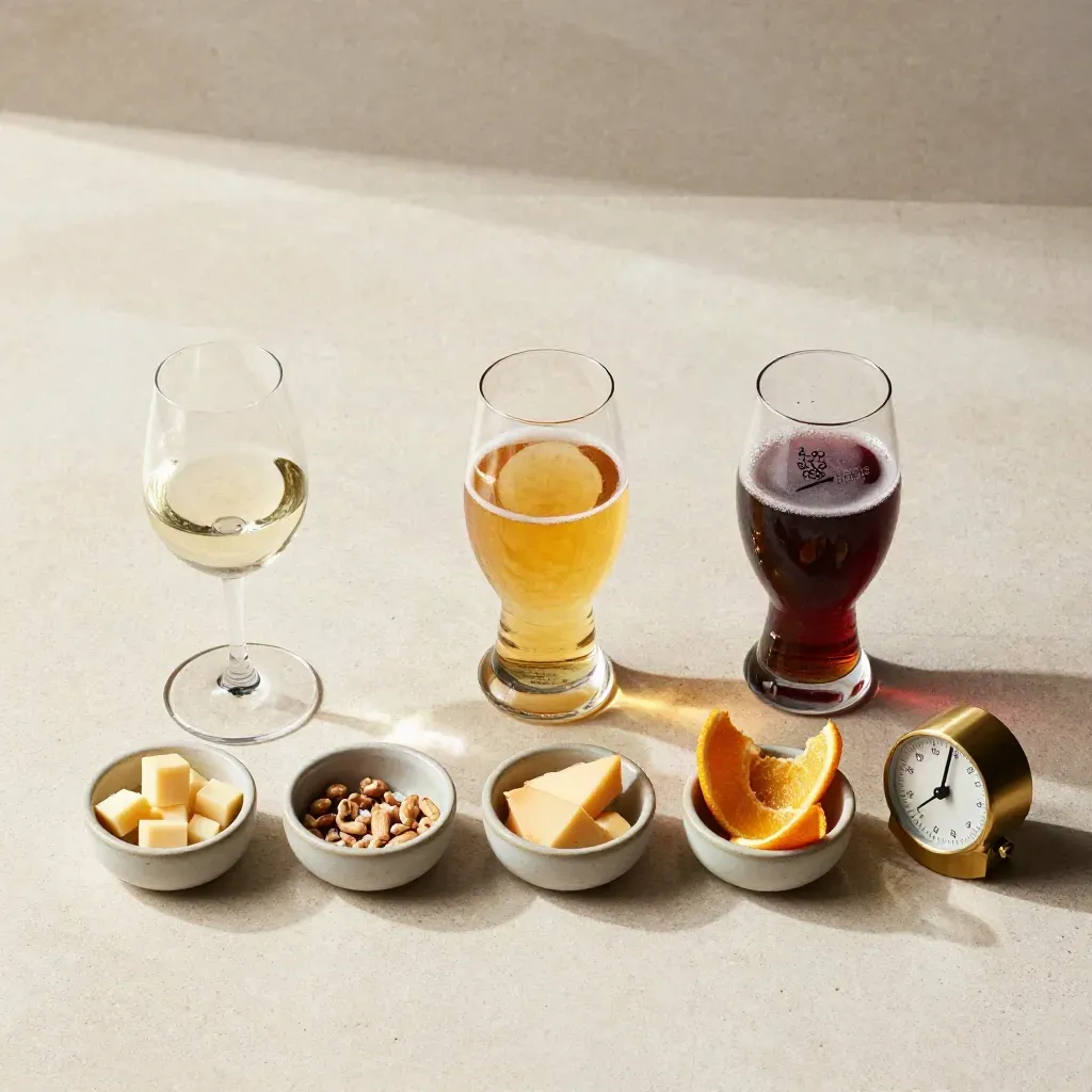 Overhead flatlay met drie proeverijglazen, hapjesbakjes en een koperen timer op lichte steen.