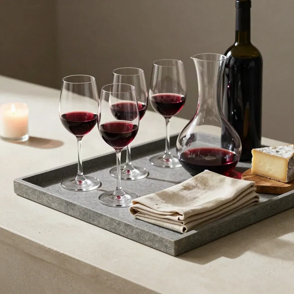 Tray met vier glazen, decanter, kaasplank en fles op lichte steen