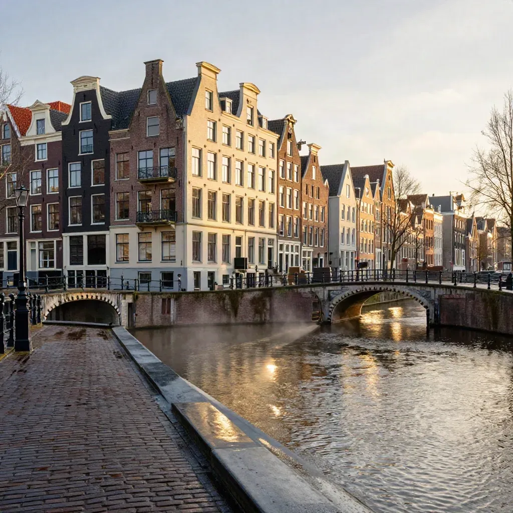 Amsterdamse grachtenpanden en een brug in warm avondlicht boven rustige natte kade