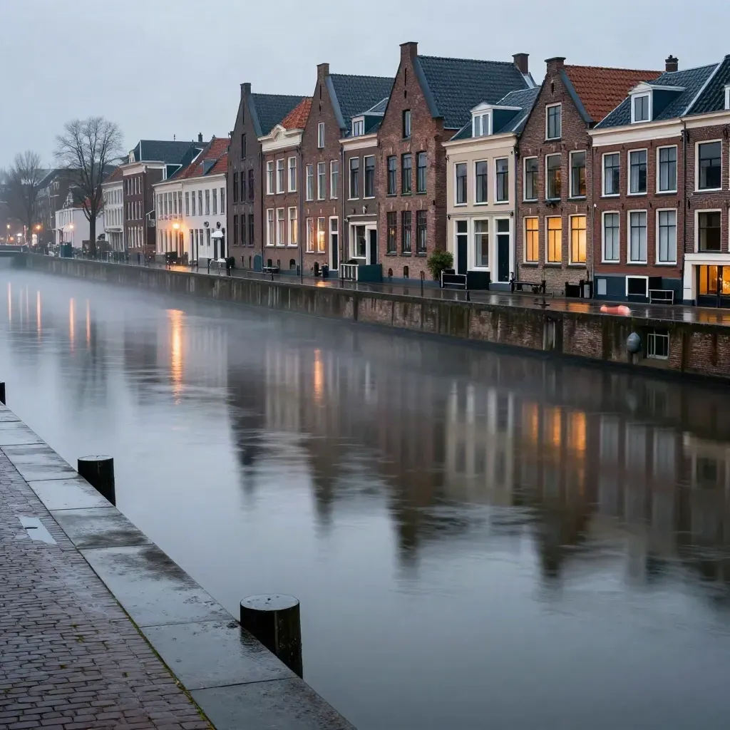 Rivierkade in Rotterdam met Gouda-torens, natte reflecties en blauwe schemering