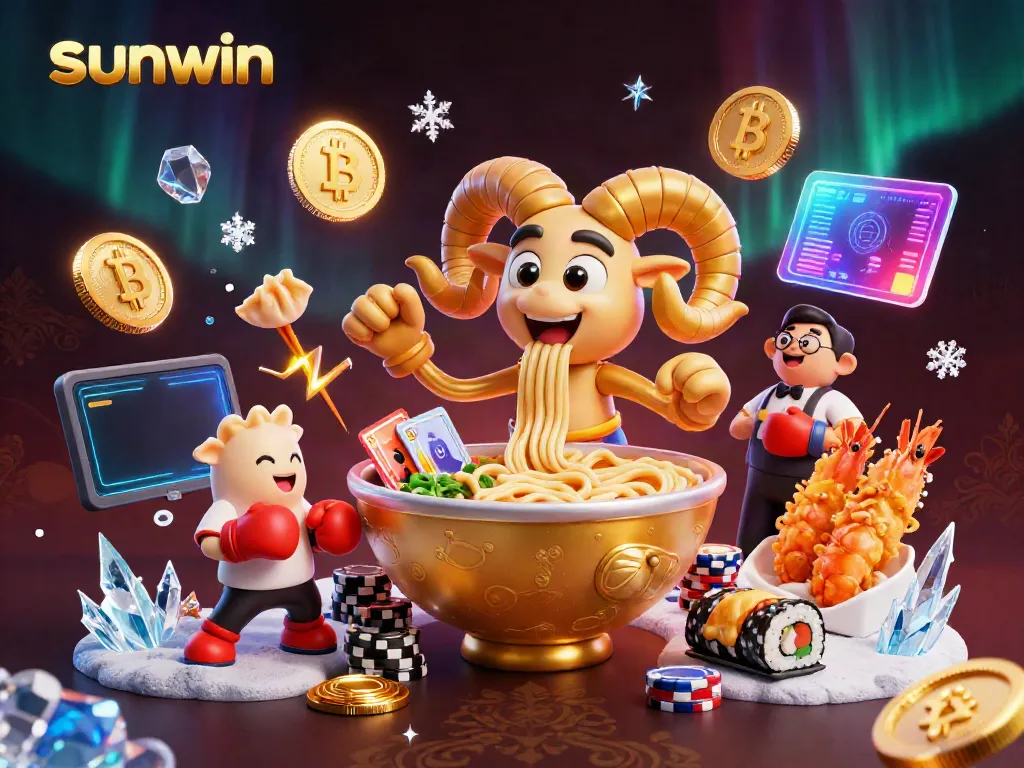 Experience big wins at sunwin with a vibrant, dynamic casino scene featuring a golden ramen bowl and anime characters.