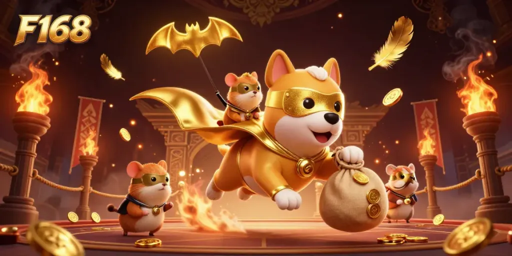 Experience vibrant gaming adventure with F168 featuring a superhero dog and golden coins.