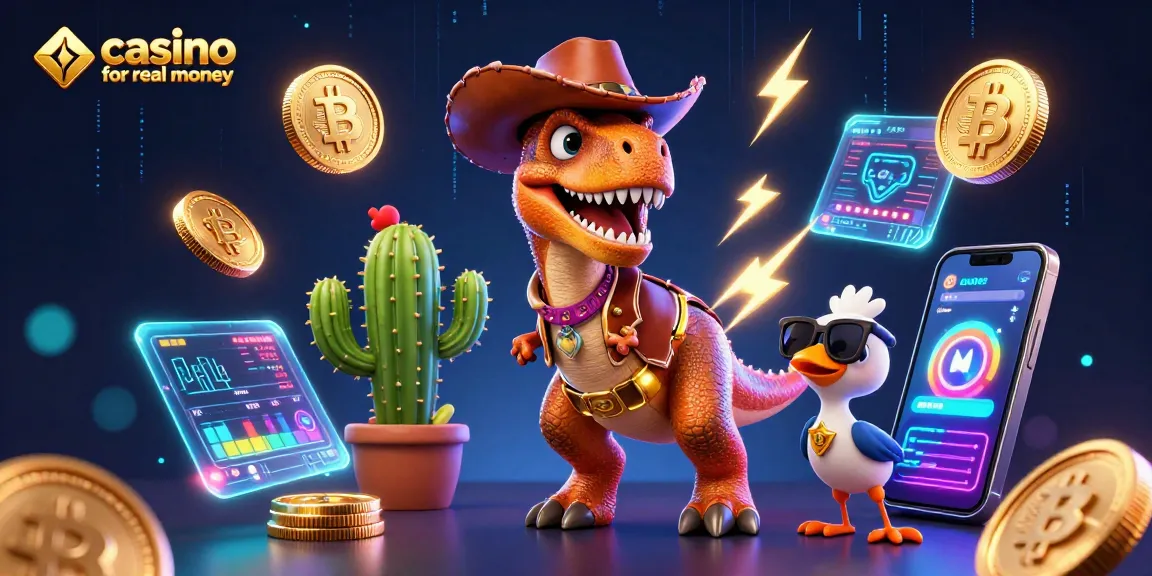 Engage with casino for real money while a dinosaur, cactus, and roadrunner celebrate crypto wins.