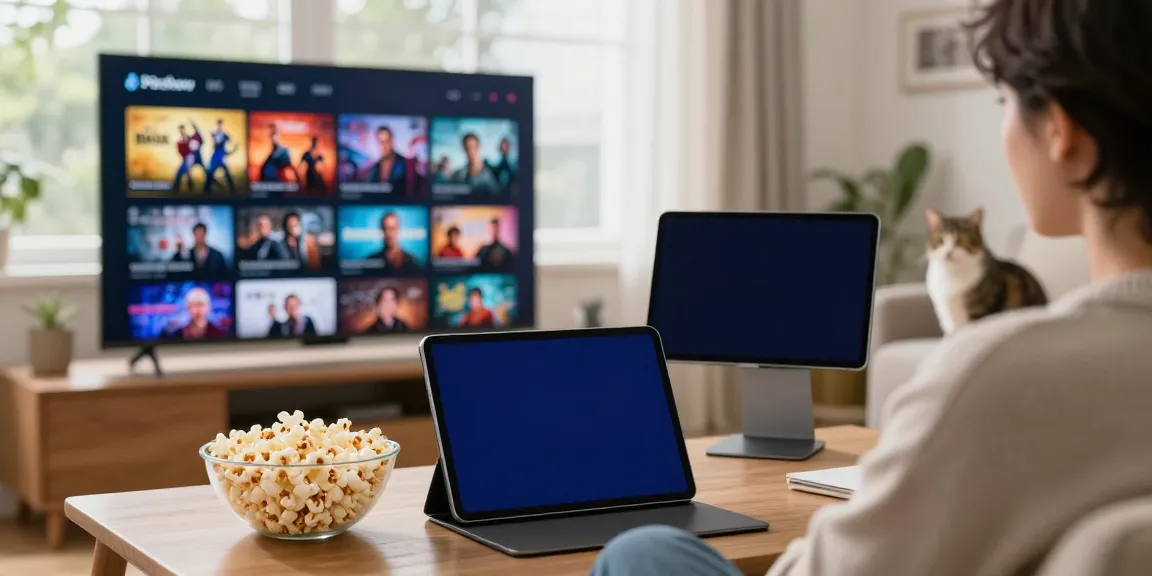 Engaging streaming experience at home showcasing pickashowapp.com with multiple devices displaying movies.