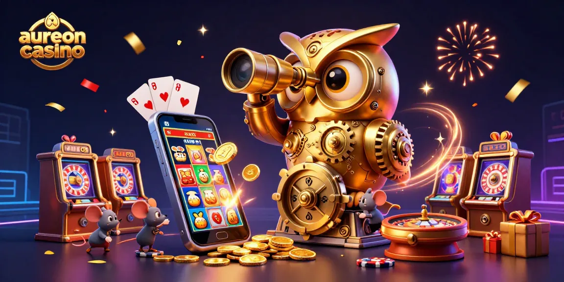 Experience the thrill of gaming at aureoncasino with a vibrant 3D casino illustration showcasing slot machines and lively gameplay.