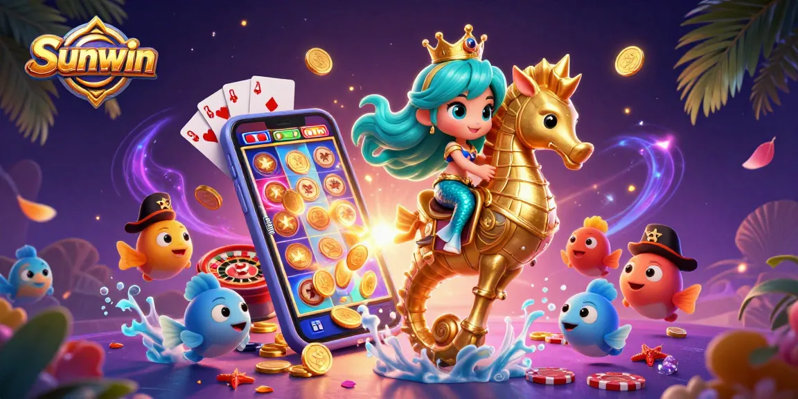 Engage in thrilling gameplay at Sunwin with a magical scene featuring a vibrant mermaid, seahorse, and casino elements.